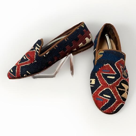 VTG Turkish Kilim Carpet Wool Woven Loafer Flat Shoes Handmade Aztec Unisex *See - Picture 2 of 12